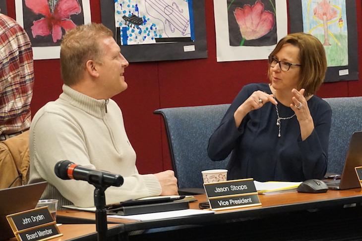 <p>BPS101 Board Member Jason Stoops chatting with Superintendent Dr. Lisa Hichens.</p>
