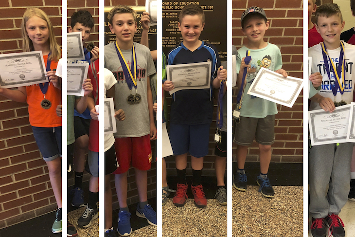 <p>GMS National Honor Roll winners (from left) Elizabeth Johnson, Darian Susic, Nathan Lindstrom, Hudson Legut, and Jimmy Wilson; LWS National Honor Roll winner Ethan Schreiner. Nathan, Hudson, Jimmy, and Ethan are also Team Medal winners.</p>
