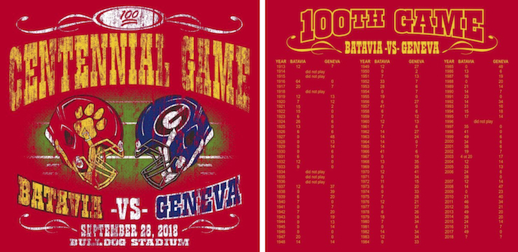 Batavia High School's centennial game T-shirt front and back. All proceeds from Batavia's T-shirt sales will benefit Marklund.