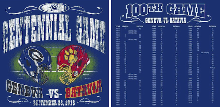 Geneva High School's centennial game T-shirt front and back. All proceeds from Geneva's T-shirt sales will benefit the Northern Illinois Food Bank.